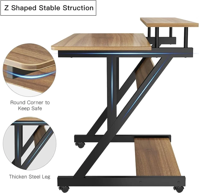 Alt view image 4 of 7 - Computer Desk for Small Spaces, Z Shaped Small Computer Desk, 27.5 inch Compact Desk with Monitor Shelf and Bottom Storage Shelves, Space Saving Desk, Walnut