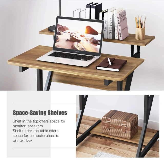 Alt view image 6 of 7 - Computer Desk for Small Spaces, Z Shaped Small Computer Desk, 27.5 inch Compact Desk with Monitor Shelf and Bottom Storage Shelves, Space Saving Desk, Walnut
