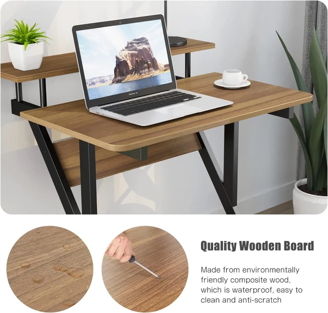 Alt view image 7 of 7 - Computer Desk for Small Spaces, Z Shaped Small Computer Desk, 27.5 inch Compact Desk with Monitor Shelf and Bottom Storage Shelves, Space Saving Desk, Walnut