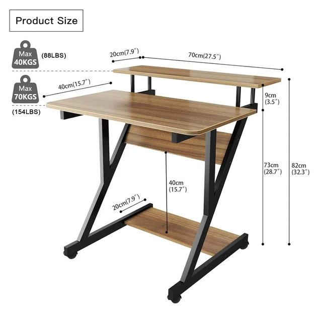 Alt view image 3 of 7 - Computer Desk for Small Spaces, Z Shaped Small Computer Desk, 27.5 inch Compact Desk with Monitor Shelf and Bottom Storage Shelves, Space Saving Desk, Walnut