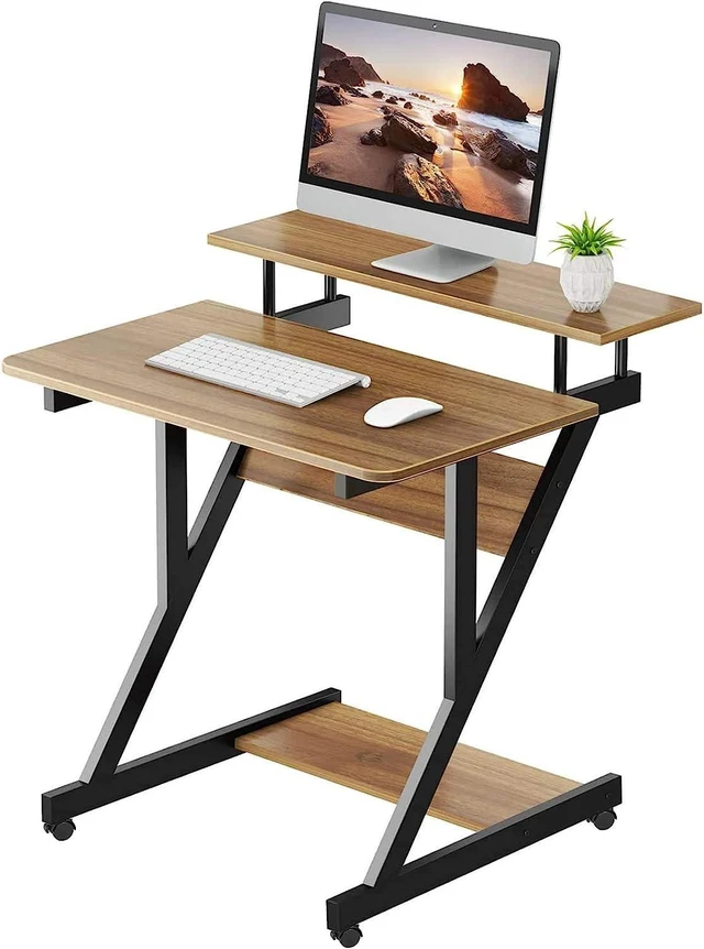 Main image of Computer Desk for Small Spaces, Z Shaped Small Computer Desk, 27.5 inch Compact Desk with Monitor Shelf and Bottom Storage Shelves, Space Saving Desk, Walnut