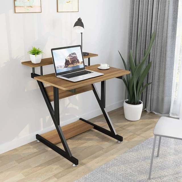 Alt view image 2 of 7 - Computer Desk for Small Spaces, Z Shaped Small Computer Desk, 27.5 inch Compact Desk with Monitor Shelf and Bottom Storage Shelves, Space Saving Desk, Walnut