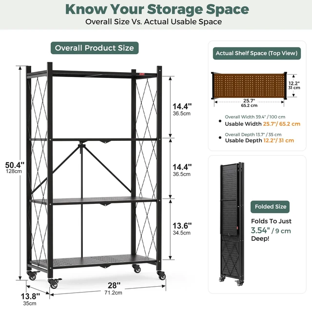 Alt view image 6 of 7 - 4 Tier Foldable Storage Shelves with Wheels, Large Capacity Shelving Unit, Freestanding Metal Wire Shelf Rack, No Assembly Organizer Rack for Garage Kitchen, Basement, Pantry (1, Black)