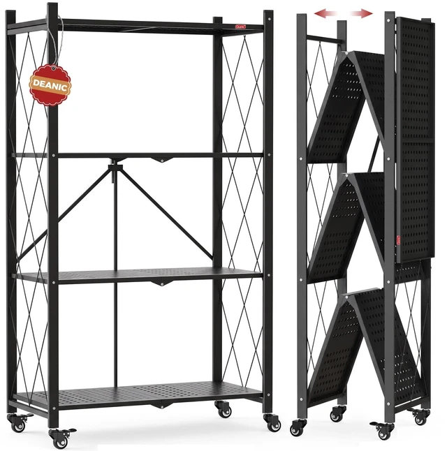 Main image of 4 Tier Foldable Storage Shelves with Wheels, Large Capacity Shelving Unit, Freestanding Metal Wire Shelf Rack, No Assembly Organizer Rack for Garage Kitchen, Basement, Pantry (1, Black)