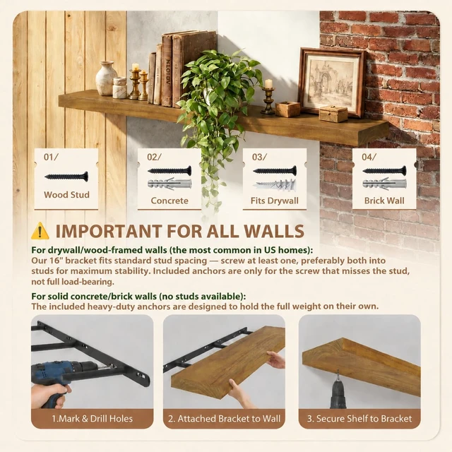 Alt view image 6 of 7 - 36 Inches Long Walnut Floating Shelves | Rustic Solid Wood Farmhouse Wall Shelves with Invisible Brackets for Bathroom, Living Room, Bedroom, Kitchen Set of 2