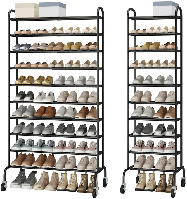 Main image of 10-Tier Expandable Tall Shoe Rack for Garage, 44 Pairs, Black | 17.7"-33" Adjustable Metal Rolling Shoe Rack with wheels for Closet, Front Door Entrance, Large Shoe Organizer for Entryway