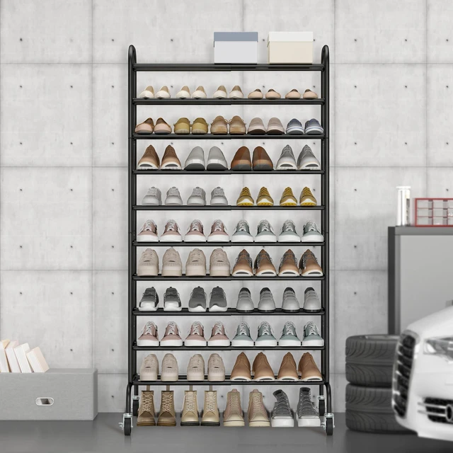Alt view image 7 of 7 - 10-Tier Expandable Tall Shoe Rack for Garage, 44 Pairs, Black | 17.7"-33" Adjustable Metal Rolling Shoe Rack with wheels for Closet, Front Door Entrance, Large Shoe Organizer for Entryway
