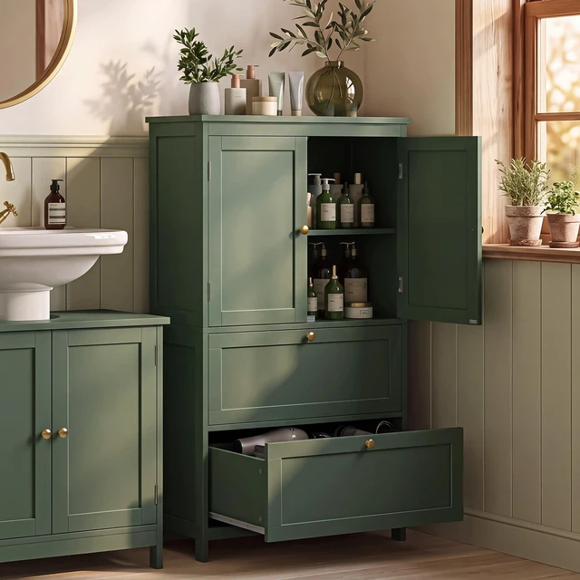 Alt view image 8 of 8 - Bathroom Floor Cabinet with 2 Doors, 2 Drawers, Forest Green | Freestanding Bathroom Storage Unit, Adjustable Shelf, 23.6 x 11.8 x 43.3 Inches, HELAN Collection UBBC551C01