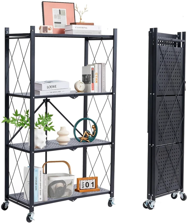 Main image of 4-Tier Foldable Storage Shelves with Wheels, Folding Metal Rack Shelving Unit, Heavy Duty No Assembly Organizer Shelf for Garage, Kitchen, Basement, Pantry, Black