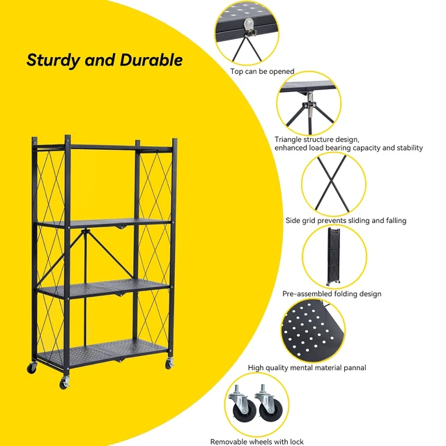 Alt view image 2 of 6 - 4-Tier Foldable Storage Shelves with Wheels, Folding Metal Rack Shelving Unit, Heavy Duty No Assembly Organizer Shelf for Garage, Kitchen, Basement, Pantry, Black