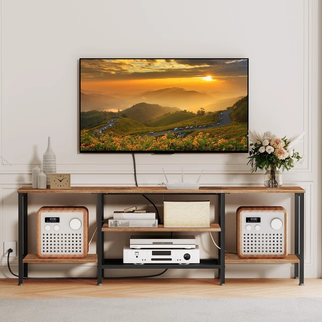 Alt view image 2 of 7 - TV Stand with Power Outlets to 75 Inches, TV Console Table with Open Storage Shelves Cabinet, Industrial Media Entertainment Center for Living Room Bedroom, Rustic Brown and Black BF60DS01