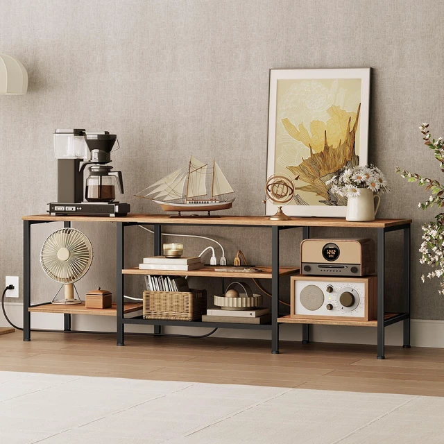 Alt view image 4 of 7 - TV Stand with Power Outlets to 75 Inches, TV Console Table with Open Storage Shelves Cabinet, Industrial Media Entertainment Center for Living Room Bedroom, Rustic Brown and Black BF60DS01