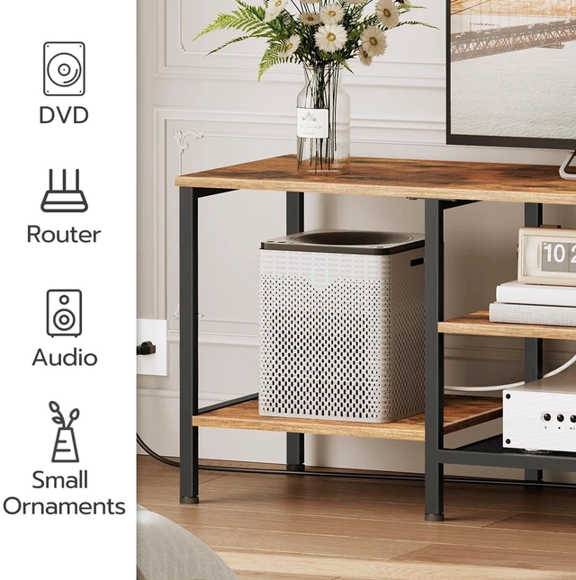 Alt view image 5 of 7 - TV Stand with Power Outlets to 75 Inches, TV Console Table with Open Storage Shelves Cabinet, Industrial Media Entertainment Center for Living Room Bedroom, Rustic Brown and Black BF60DS01