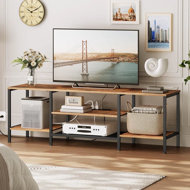 Alt view image 7 of 7 - TV Stand with Power Outlets to 75 Inches, TV Console Table with Open Storage Shelves Cabinet, Industrial Media Entertainment Center for Living Room Bedroom, Rustic Brown and Black BF60DS01
