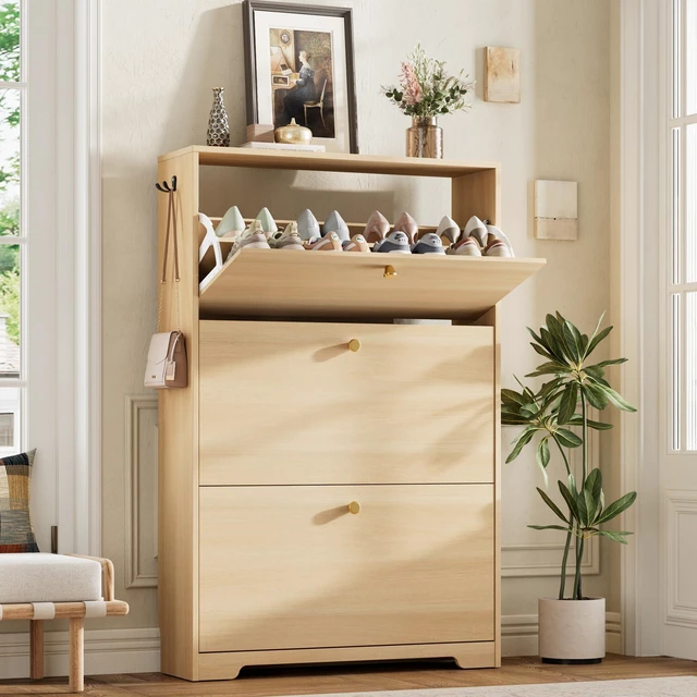 Main image of Shoe Storage Cabinet, Slim Shoe Cabinet, Hidden Shoe Rack Cabinet, Shoe Storage Cabinet for Entryway, Hallway, Foyer, Natural Oak