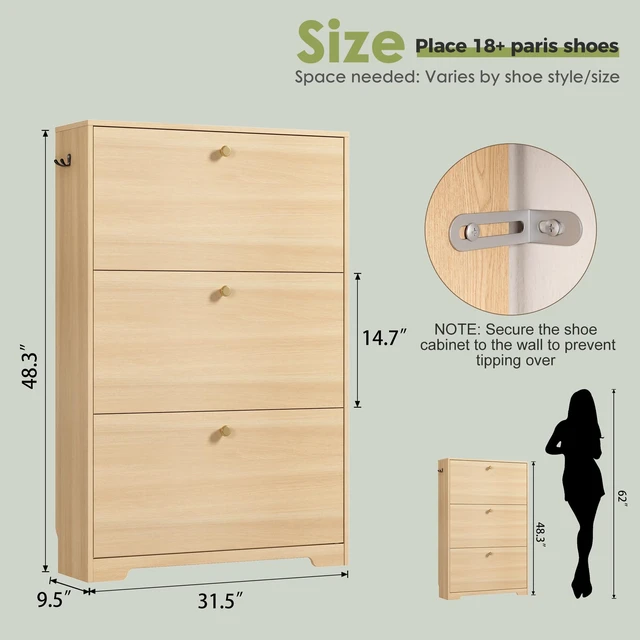 Alt view image 2 of 7 - Shoe Storage Cabinet, Slim Shoe Cabinet, Hidden Shoe Rack Cabinet, Shoe Storage Cabinet for Entryway, Hallway, Foyer, Natural Oak