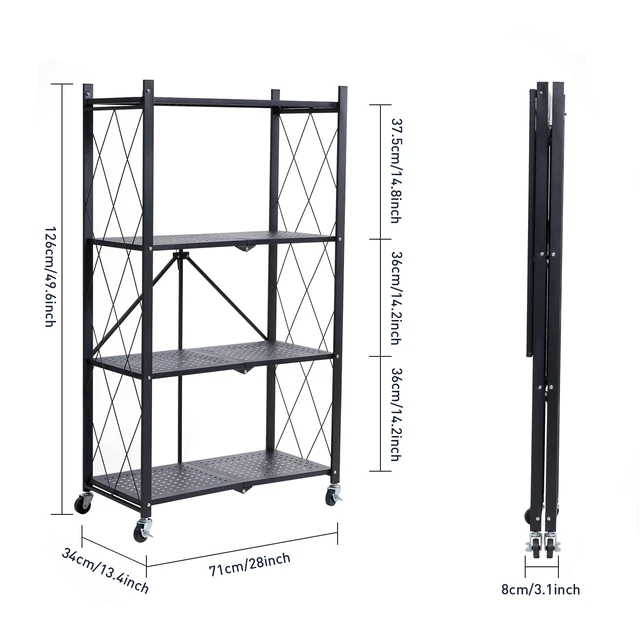 Alt view image 4 of 6 - 4-Tier Foldable Storage Shelves with Wheels, Folding Metal Rack Shelving Unit, Heavy Duty No Assembly Organizer Shelf for Garage, Kitchen, Basement, Pantry, Black