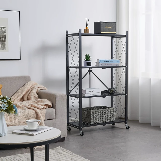 Alt view image 5 of 6 - 4-Tier Foldable Storage Shelves with Wheels, Folding Metal Rack Shelving Unit, Heavy Duty No Assembly Organizer Shelf for Garage, Kitchen, Basement, Pantry, Black