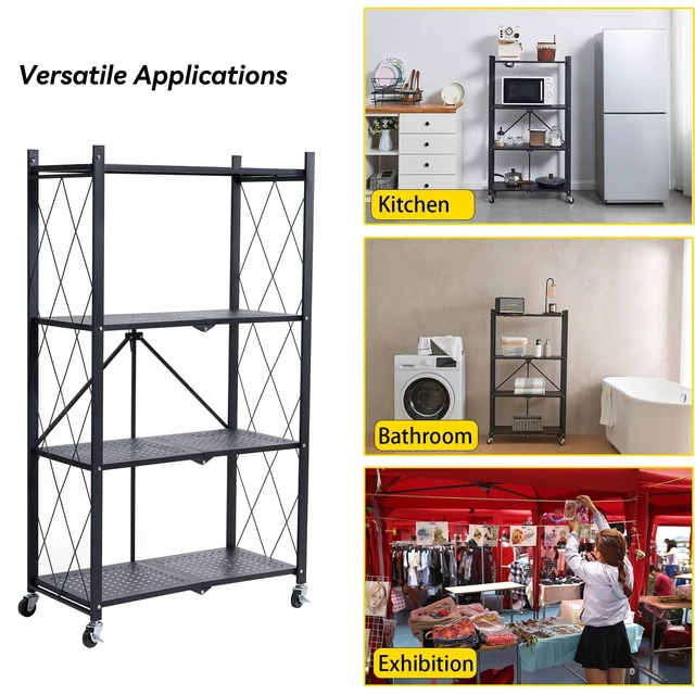 Alt view image 6 of 6 - 4-Tier Foldable Storage Shelves with Wheels, Folding Metal Rack Shelving Unit, Heavy Duty No Assembly Organizer Shelf for Garage, Kitchen, Basement, Pantry, Black