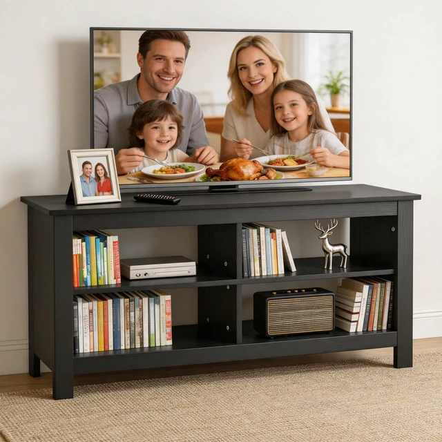 Alt view image 3 of 7 - 43 Inches TV Stand,Mid Century Modern Entertainment Center with 4 Open Shelves Farmhouse TV Media Console Table for Living Room,Bedroom,Television Stand up to 50 Inches(Black)