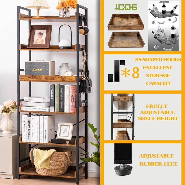 Alt view image 3 of 7 - Adjustable 6 Tier Open Bookcase, Rustic Farmhouse Book Shelves, Industrial Wood and Black Metal Bookshelves, Mid Century Bookcase for Home Office Living Room Bedroom