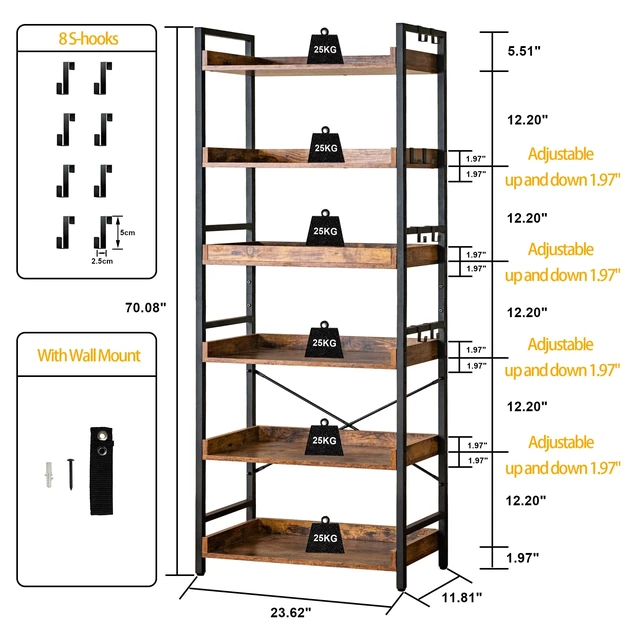 Alt view image 4 of 7 - Adjustable 6 Tier Open Bookcase, Rustic Farmhouse Book Shelves, Industrial Wood and Black Metal Bookshelves, Mid Century Bookcase for Home Office Living Room Bedroom