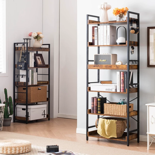 Alt view image 5 of 7 - Adjustable 6 Tier Open Bookcase, Rustic Farmhouse Book Shelves, Industrial Wood and Black Metal Bookshelves, Mid Century Bookcase for Home Office Living Room Bedroom