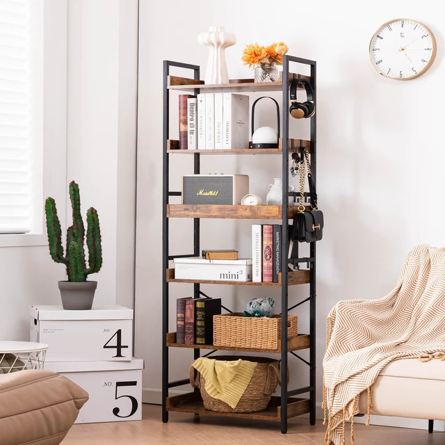 Alt view image 6 of 7 - Adjustable 6 Tier Open Bookcase, Rustic Farmhouse Book Shelves, Industrial Wood and Black Metal Bookshelves, Mid Century Bookcase for Home Office Living Room Bedroom