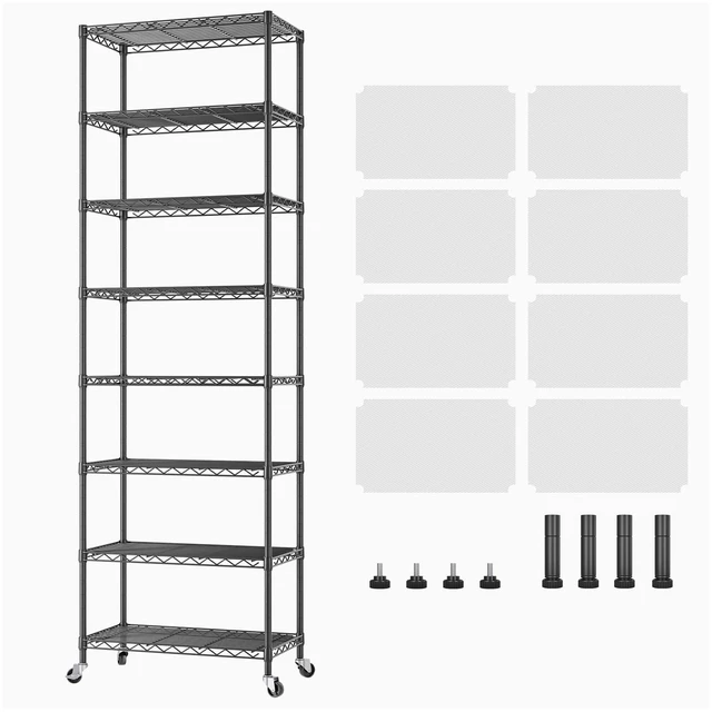 Main image of 8 Shelves Storage Wire Shelf Closet Metal Shelving Pantry Wheels | Shelf Bathroom Organizers Metal Kitchen Garage Shelving Unit Laundry Room Organization Home Rack Net Basket with Wheels