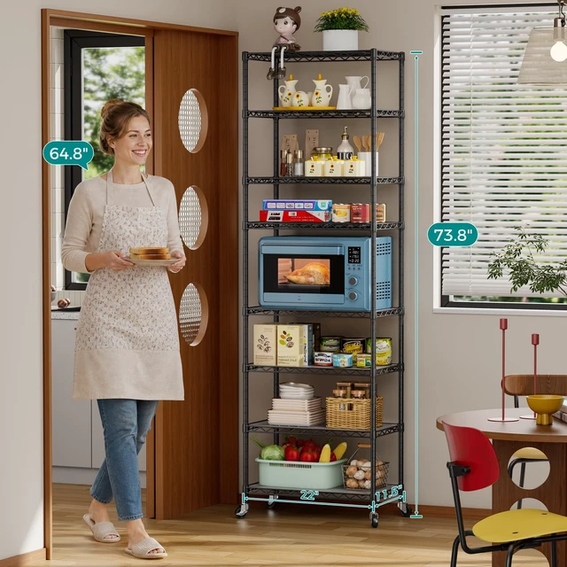 Alt view image 7 of 7 - 8 Shelves Storage Wire Shelf Closet Metal Shelving Pantry Wheels | Shelf Bathroom Organizers Metal Kitchen Garage Shelving Unit Laundry Room Organization Home Rack Net Basket with Wheels