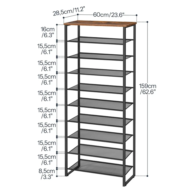 Alt view image 5 of 7 - 10-Tier Shoe Rack for Entryway, 23.6"L Shoe Storage Organizer, Large Capacity Shoe Shelf for Closet, Front Door Entrance, Hallway, Holds 27-30 Pairs of Shoes, Rustic Brown and Black BF601XJ01G1