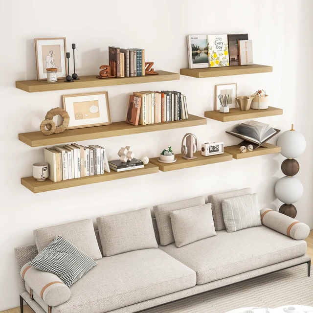 Alt view image 2 of 7 - Long Floating Shelves for Wall 2Pack, Oak, 48" Lx8 D | 48inch Wood Wall Mounted Shelf for Bathroom|Kitchen|Bedroom|Living Room, Invisible Brackets|Books|Storage|Decor