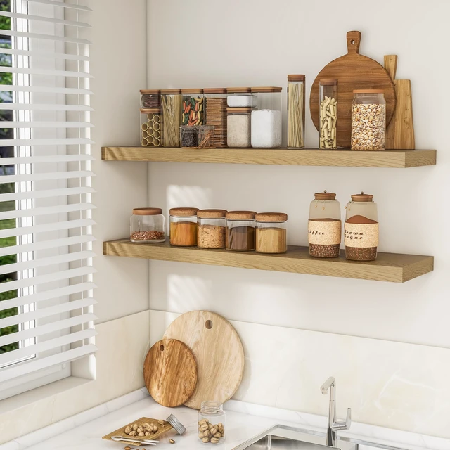Alt view image 3 of 7 - Long Floating Shelves for Wall 2Pack, Oak, 48" Lx8 D | 48inch Wood Wall Mounted Shelf for Bathroom|Kitchen|Bedroom|Living Room, Invisible Brackets|Books|Storage|Decor