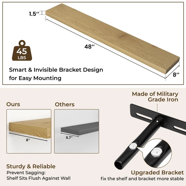 Alt view image 4 of 7 - Long Floating Shelves for Wall 2Pack, Oak, 48" Lx8 D | 48inch Wood Wall Mounted Shelf for Bathroom|Kitchen|Bedroom|Living Room, Invisible Brackets|Books|Storage|Decor