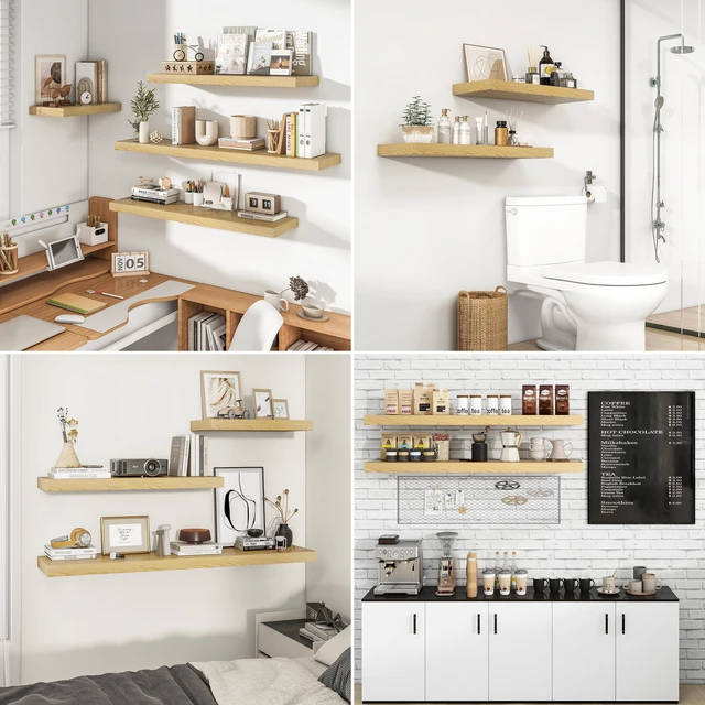 Alt view image 7 of 7 - Long Floating Shelves for Wall 2Pack, Oak, 48" Lx8 D | 48inch Wood Wall Mounted Shelf for Bathroom|Kitchen|Bedroom|Living Room, Invisible Brackets|Books|Storage|Decor