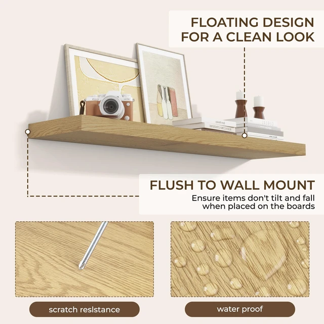 Alt view image 6 of 7 - Long Floating Shelves for Wall 2Pack, Oak, 48" Lx8 D | 48inch Wood Wall Mounted Shelf for Bathroom|Kitchen|Bedroom|Living Room, Invisible Brackets|Books|Storage|Decor