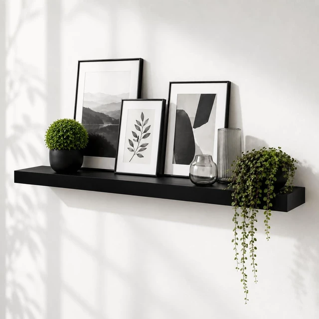 Main image of 60" Black Floating Shelf, Long Wall Shelf for Office & Living Room | Concealed bracket storage for books, photos, plants and media in kitchens, bedrooms and entryways; supports up to 25 lbs.