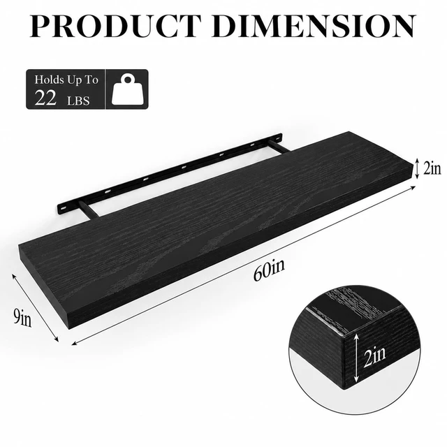 Alt view image 2 of 7 - 60" Black Floating Shelf, Long Wall Shelf for Office & Living Room | Concealed bracket storage for books, photos, plants and media in kitchens, bedrooms and entryways; supports up to 25 lbs.