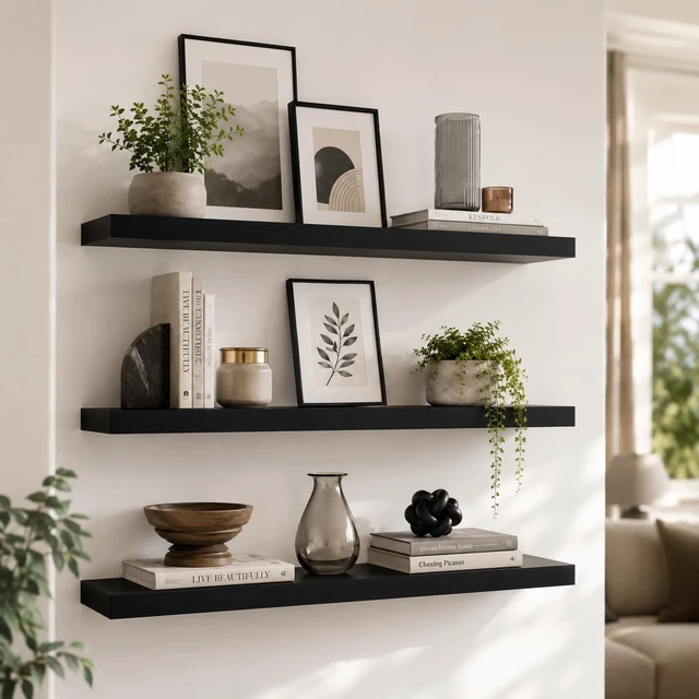 Alt view image 4 of 7 - 60" Black Floating Shelf, Long Wall Shelf for Office & Living Room | Concealed bracket storage for books, photos, plants and media in kitchens, bedrooms and entryways; supports up to 25 lbs.