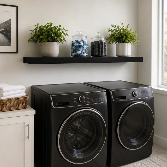 Alt view image 3 of 7 - 60" Black Floating Shelf, Long Wall Shelf for Office & Living Room | Concealed bracket storage for books, photos, plants and media in kitchens, bedrooms and entryways; supports up to 25 lbs.