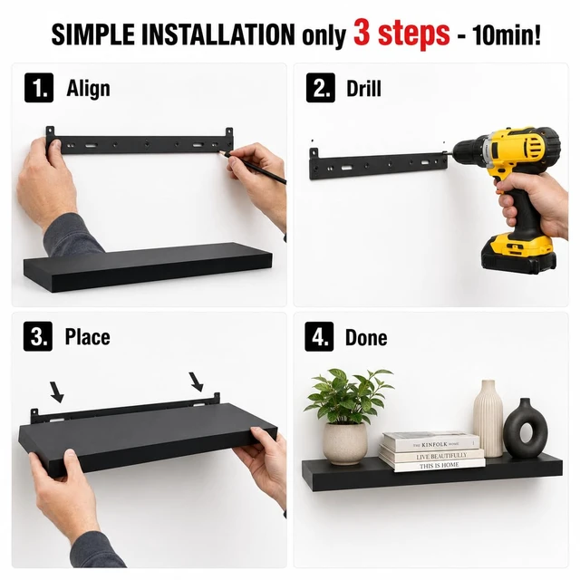 Alt view image 5 of 7 - 60" Black Floating Shelf, Long Wall Shelf for Office & Living Room | Concealed bracket storage for books, photos, plants and media in kitchens, bedrooms and entryways; supports up to 25 lbs.