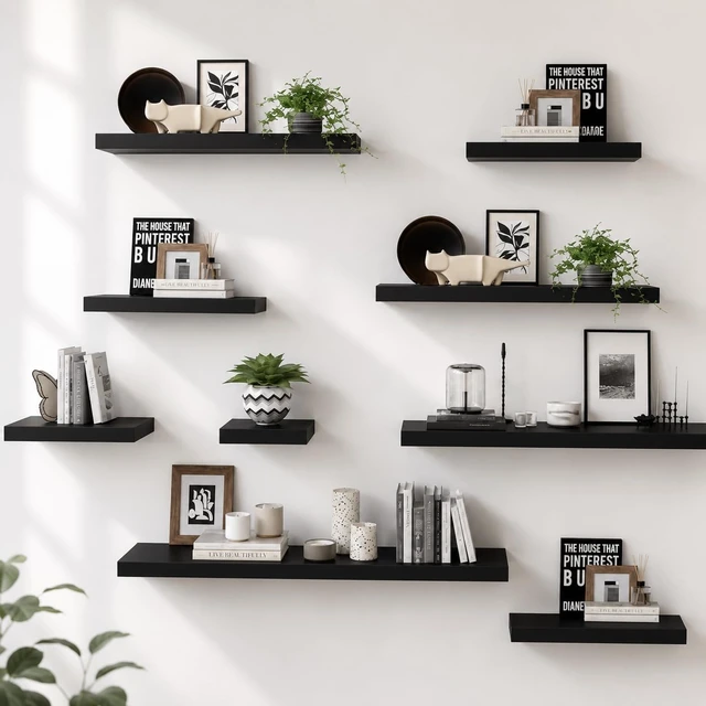 Alt view image 6 of 7 - 60" Black Floating Shelf, Long Wall Shelf for Office & Living Room | Concealed bracket storage for books, photos, plants and media in kitchens, bedrooms and entryways; supports up to 25 lbs.