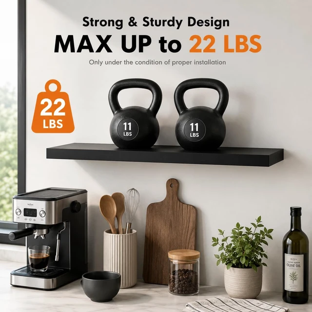 Alt view image 7 of 7 - 60" Black Floating Shelf, Long Wall Shelf for Office & Living Room | Concealed bracket storage for books, photos, plants and media in kitchens, bedrooms and entryways; supports up to 25 lbs.