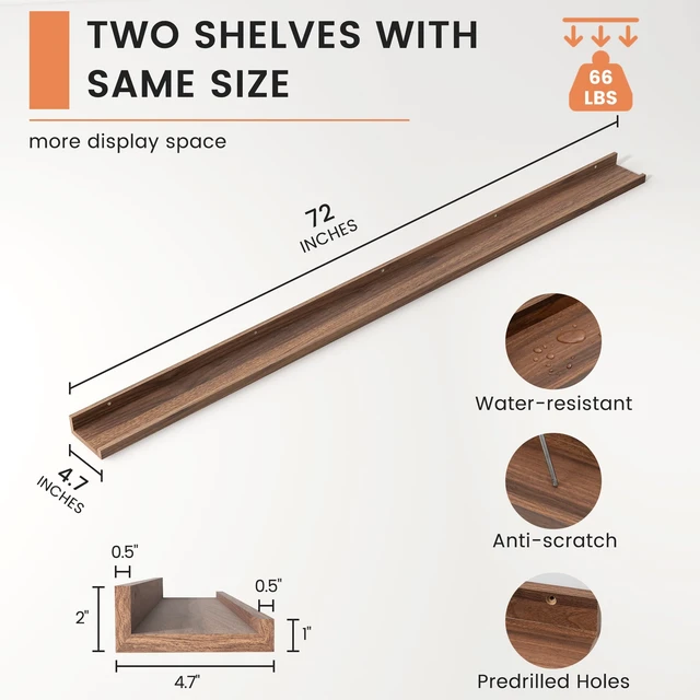 Alt view image 4 of 7 - Picture Ledge Shelf, Long Floating Shelves for Wall, 72" W Set of 2, Walnut | FSC Certified Engineered Wood, Wall Mounted Bookshelf, for Nursery Living Room Bedroom, Easy Install