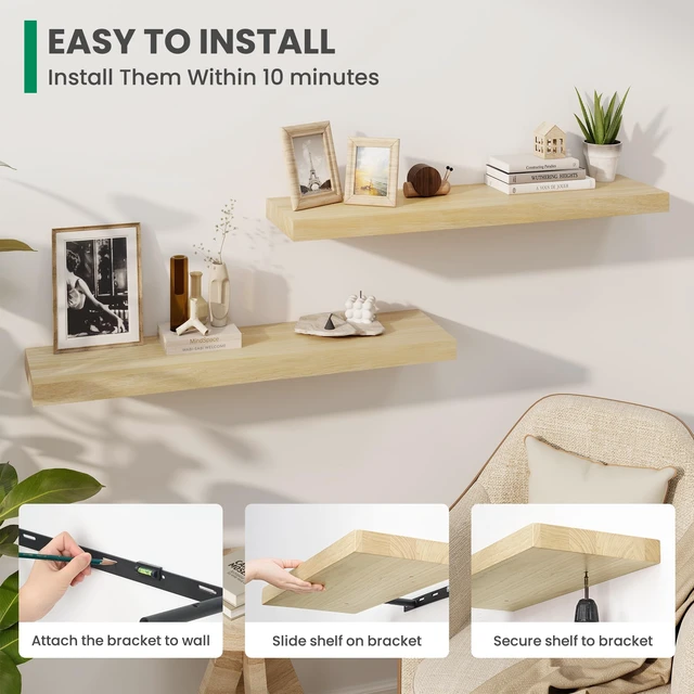 Alt view image 4 of 7 - Solid Wood Floating Shelves For Wall, 36W x 9D x 1.56H Large Wall Shelves for Living Room Bedroom Bathroom Kitchen Drcor Storage with Invisible Heavy-Duty Metal Bracket, Natural, Set of 2