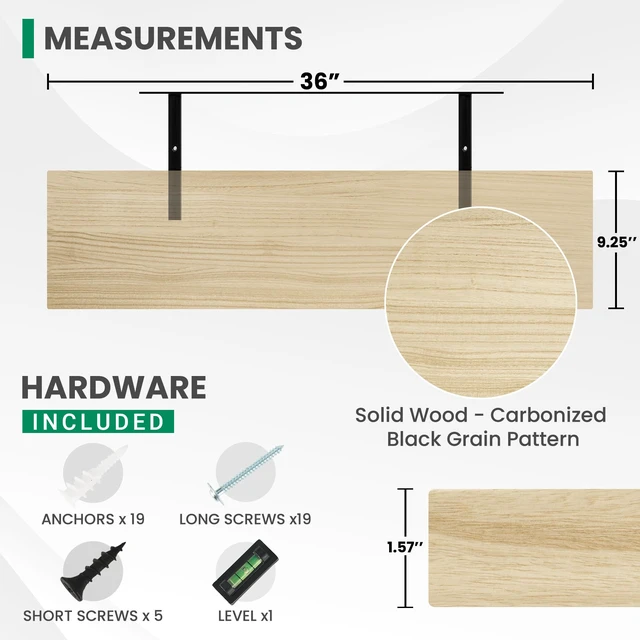 Alt view image 3 of 7 - Solid Wood Floating Shelves For Wall, 36W x 9D x 1.56H Large Wall Shelves for Living Room Bedroom Bathroom Kitchen Drcor Storage with Invisible Heavy-Duty Metal Bracket, Natural, Set of 2