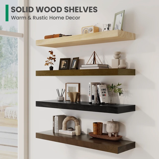 Alt view image 6 of 7 - Solid Wood Floating Shelves For Wall, 36W x 9D x 1.56H Large Wall Shelves for Living Room Bedroom Bathroom Kitchen Drcor Storage with Invisible Heavy-Duty Metal Bracket, Natural, Set of 2