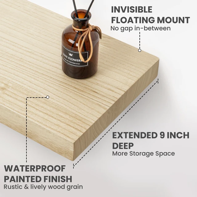 Alt view image 5 of 7 - Solid Wood Floating Shelves For Wall, 36W x 9D x 1.56H Large Wall Shelves for Living Room Bedroom Bathroom Kitchen Drcor Storage with Invisible Heavy-Duty Metal Bracket, Natural, Set of 2