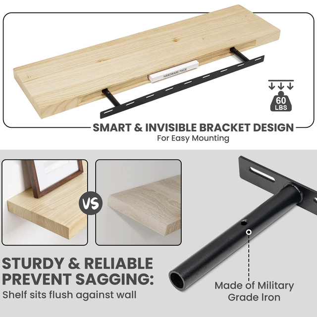 Alt view image 7 of 7 - Solid Wood Floating Shelves For Wall, 36W x 9D x 1.56H Large Wall Shelves for Living Room Bedroom Bathroom Kitchen Drcor Storage with Invisible Heavy-Duty Metal Bracket, Natural, Set of 2