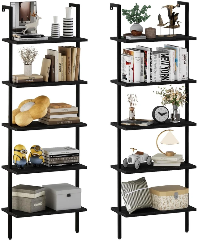 Main image of Ladder Shelf 2PCS Open Bookshelf 5-Tier Wood Wall-Mounted Black Bookcase Storage Rack Open Industrial Modern Plant Stand Utility Organizer Bookcase Metal Frame Furniture Office Kitchen Bedroom